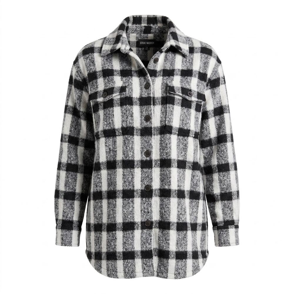 Steve Madden Wool Blend Black Plaid Flannel Shirt Jacket Women Size XL
